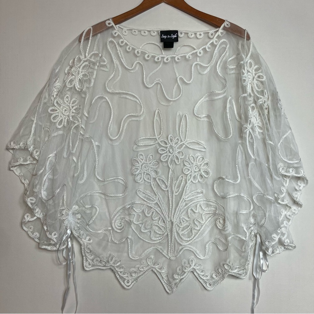 Embroidered Sheer White Floral Tunic Top - Picture 7 of 12